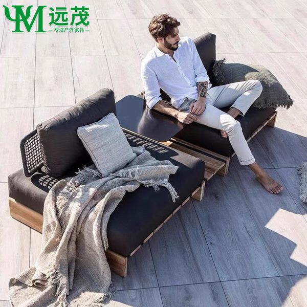 远茂北欧户外休闲沙发实木酒店别墅露台防腐木花园别墅藤编绳椅