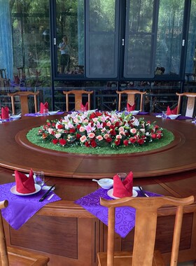 酒店餐桌花草圆桌中间装饰花圆形假花转盘摆件绢真大坪草垫仿花花