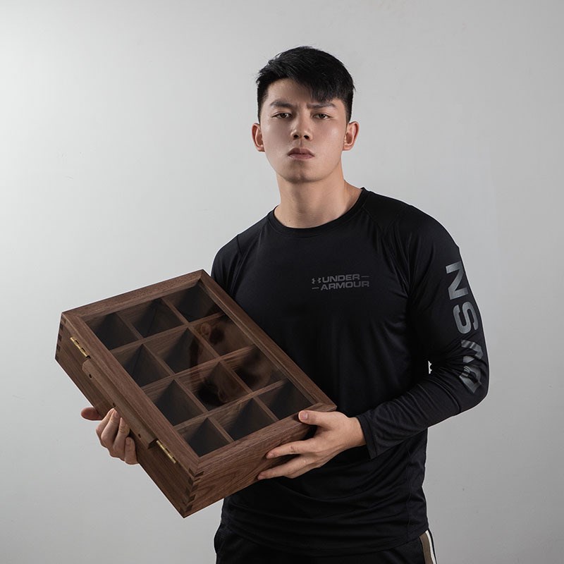 UG73黑胡桃木收纳盒分格12格分类木盒子玻璃盖翻盖式燕尾榫结构储