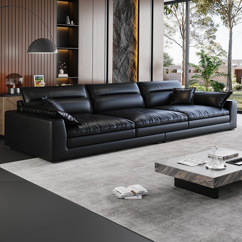 新款意式极简高靠背客厅沙发超宽C坐深现代真皮沙发直排皮艺沙发
