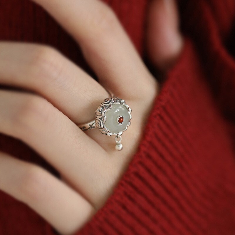 925银复古新中式旋转动戒指环唐草纹和田玉莲花六字真Y言开口调节