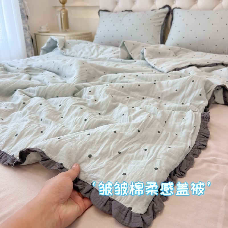 A类皱皱纱蓝波点纯水洗棉夏被四件套夏季空调被可S机洗夏凉被被芯