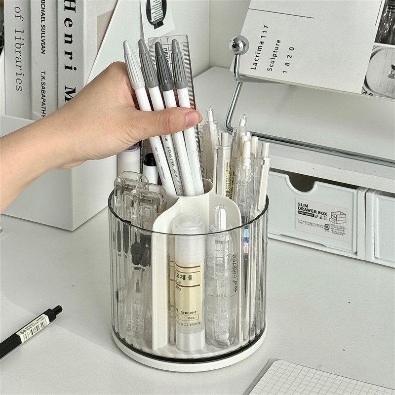 笔筒收纳盒办公室桌面大容量透明旋转笔盒书桌多功能W分格文具笔