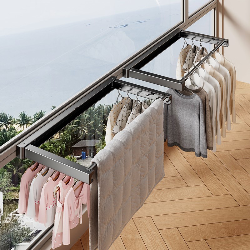 阳台外晾晒窗户伸缩折叠晾衣架晒B衣杆栏杆隐形收缩挂衣杆晾衣神