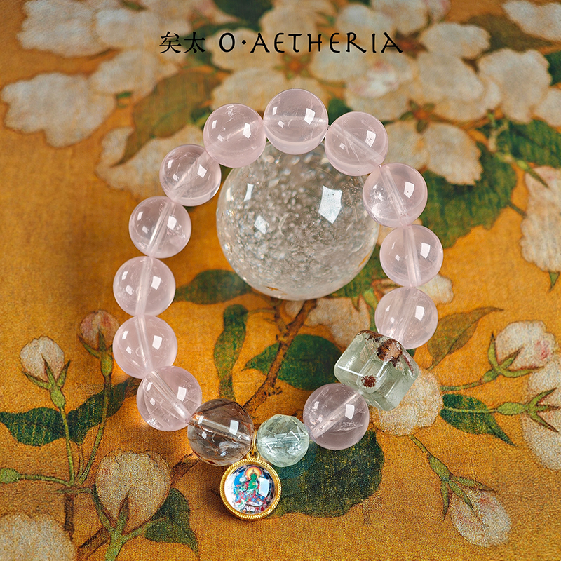 天然粉水晶超七绿度母手链