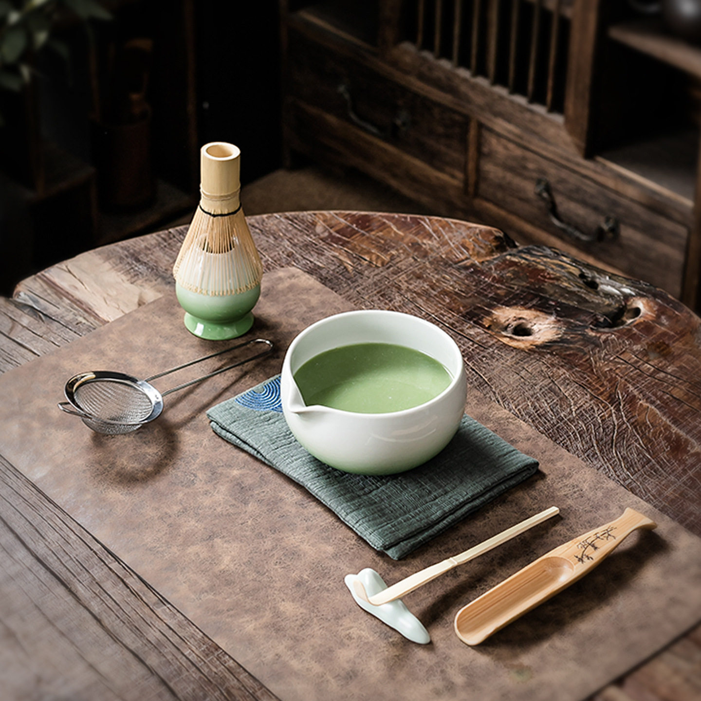 新中式禅意抹茶套装陶瓷茶具八件套渐变绿色茶碗茶刷茶筅搅拌器