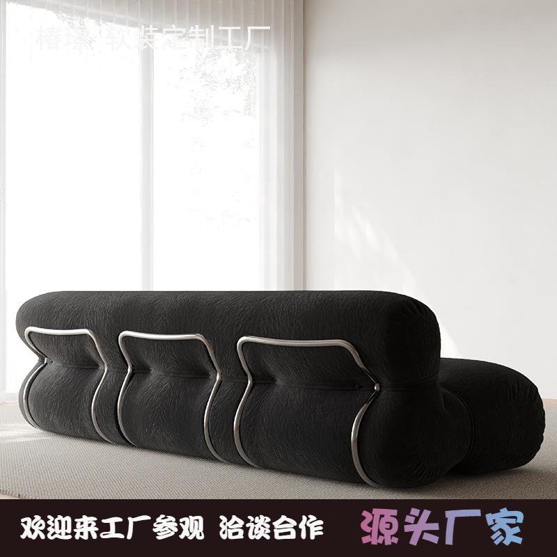 设计师钢牙绒布沙发小户型客厅北欧复古风工作室拉扣异形三人沙发