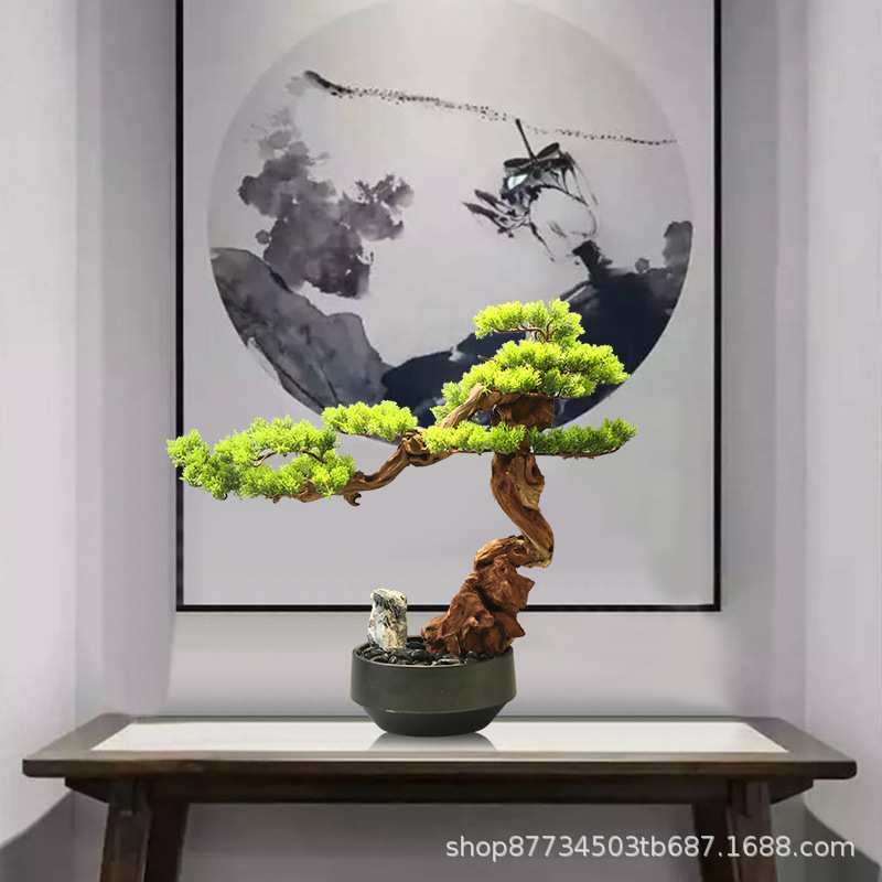 新中式禅意盆景摆件仿真迎客松盆栽售楼处样板间客厅玄关装饰摆设