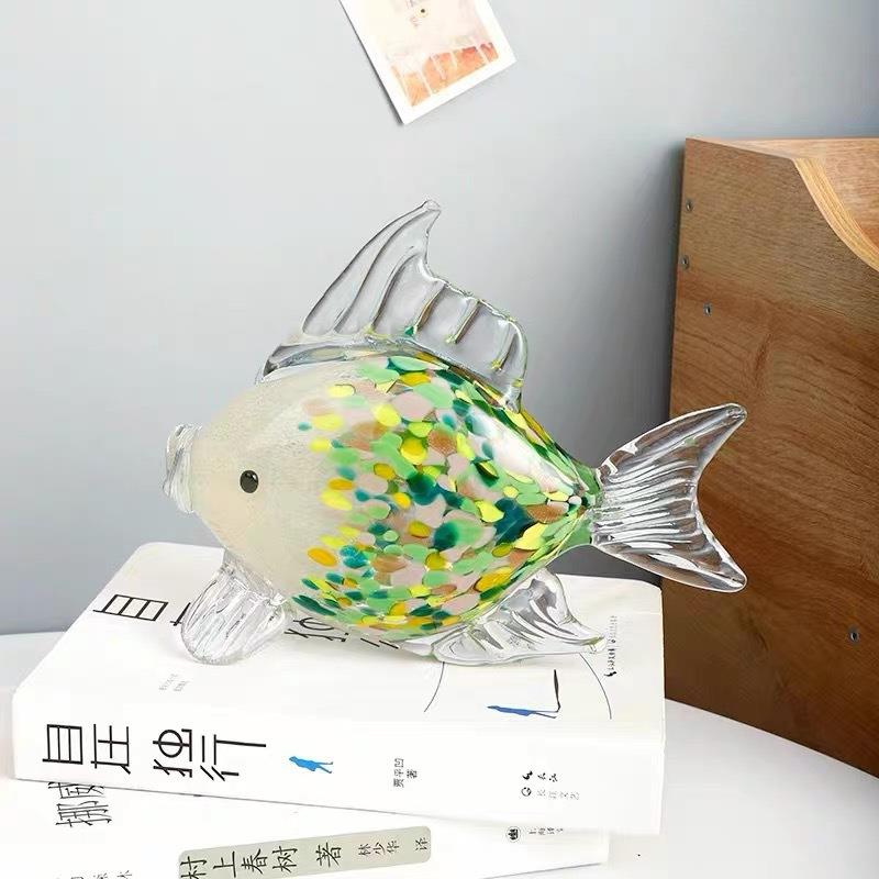 琉璃鱼厚重玻璃对嘴鱼摆件中式轻奢招财工艺品家居样板房软装饰品