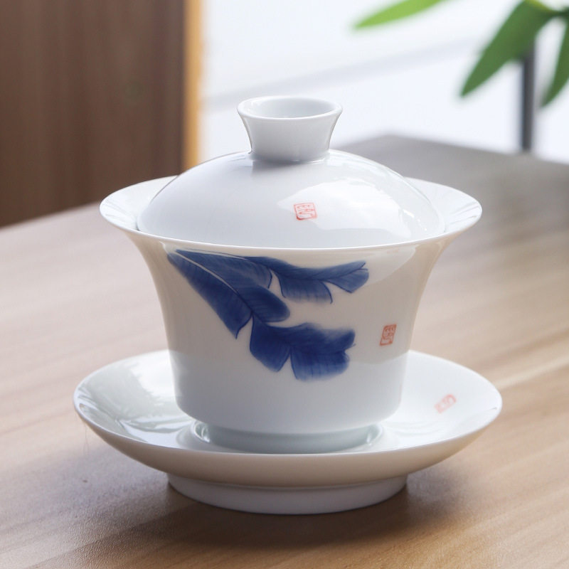 茶绘青花盖碗茶杯单个陶瓷功茶夫具泡茶碗敬手杯芭蕉叶图片