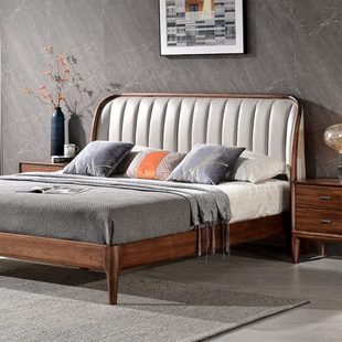 黑胡桃木实木床真皮软靠背意式 简约主卧婚床轻奢原木1.8米双人床