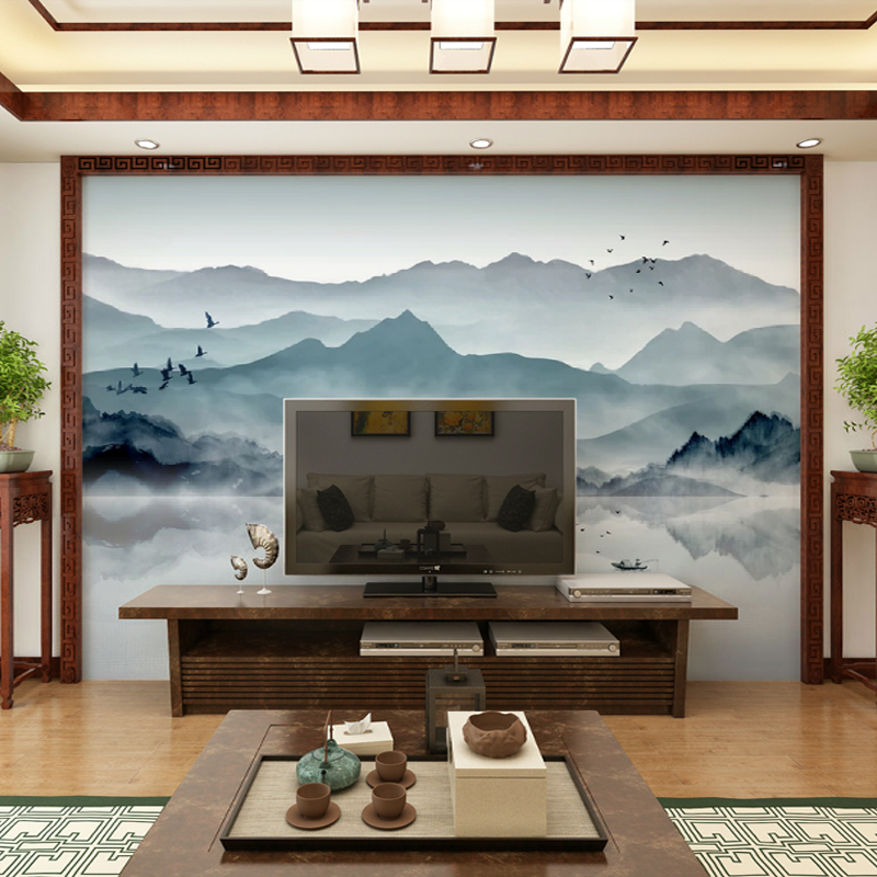 新中式立体电视背景墙壁纸意境水墨画山水大气客厅V背景墙壁画墙