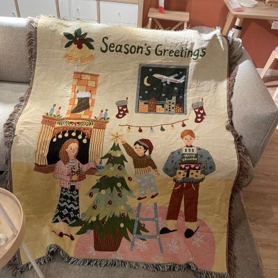 Merry Christmas 圣诞一家节日布置装饰棉线纺织线毯多用途毯子