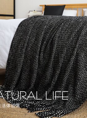 黑色夹花麦穗针织毛毯酒v店民宿专用高端床尾巾床尾毯沙发毯子