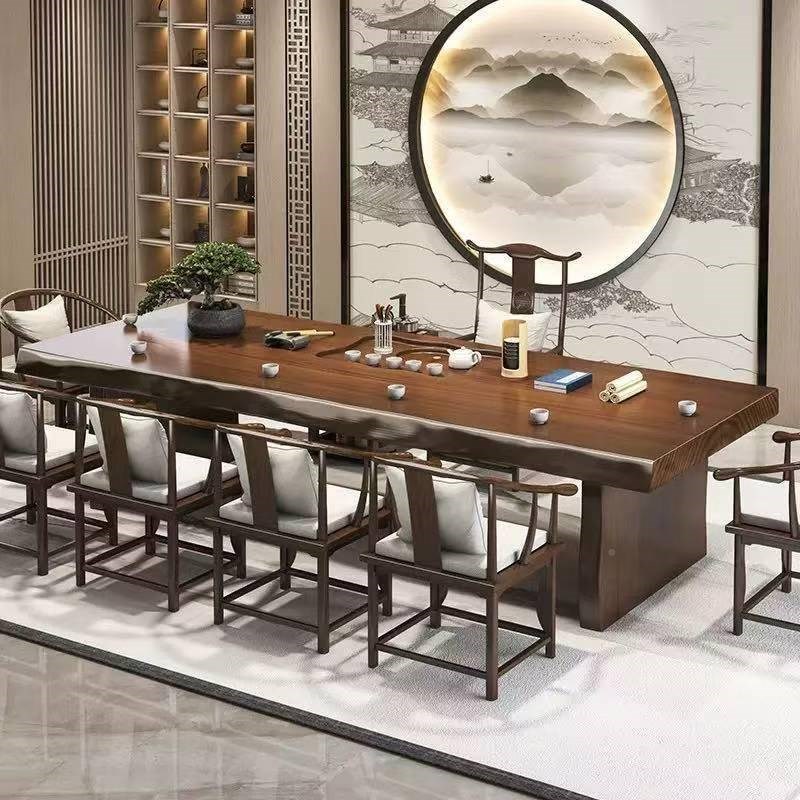 实木新大板刻盘整板茶桌s茶ILZ款原木办公室泡茶台茶桌椅组合