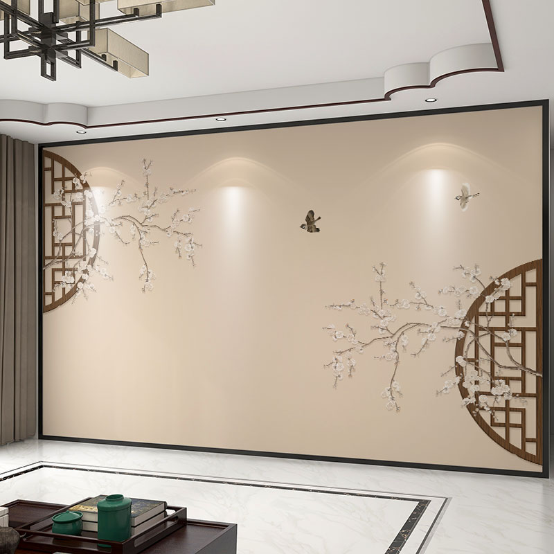 墙纸定制3d立体中式格栅花鸟电B视背景墙壁纸客厅壁布卧室墙布壁