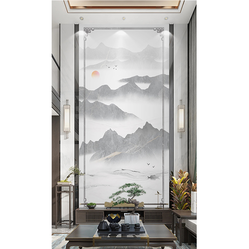 轻奢复式楼挑高电视背景墙瓷砖y楼中楼新中式山水影视墙客厅大理