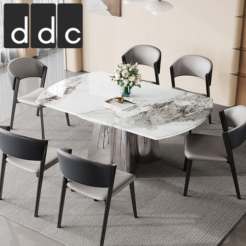 D式C意D板简微晶石可折叠伸缩功能圆形餐桌椅组合岩极带转盘饭桌
