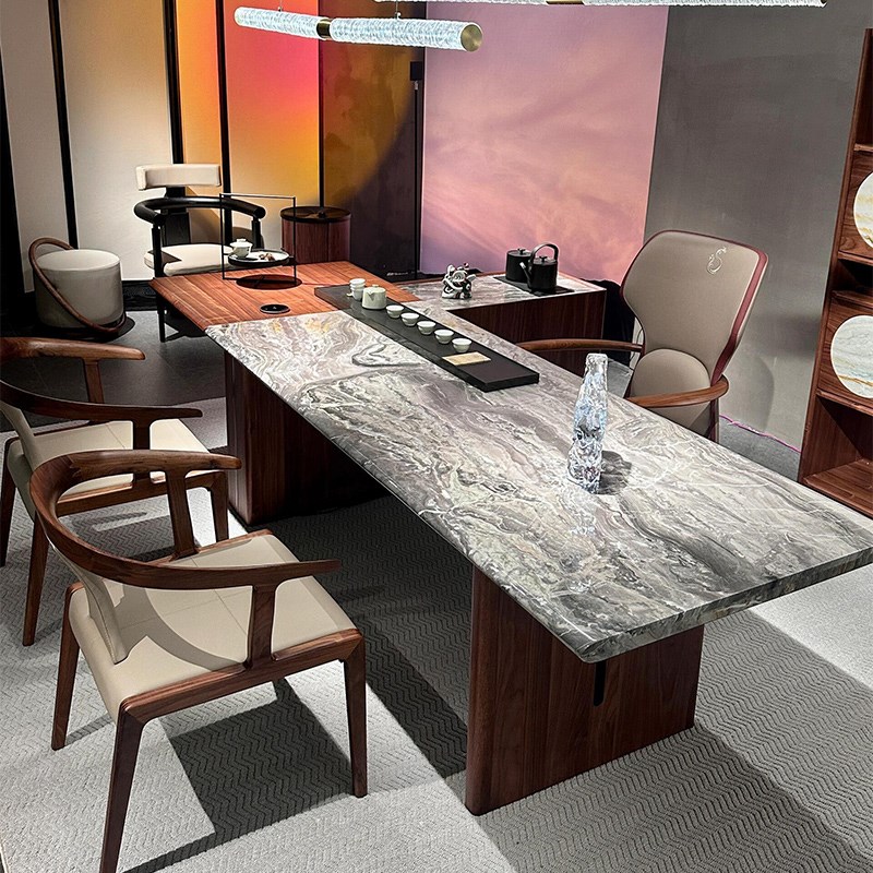 新中式岩板茶桌轻奢现代高级感黑胡桃木茶台办公室接待Z实木泡茶