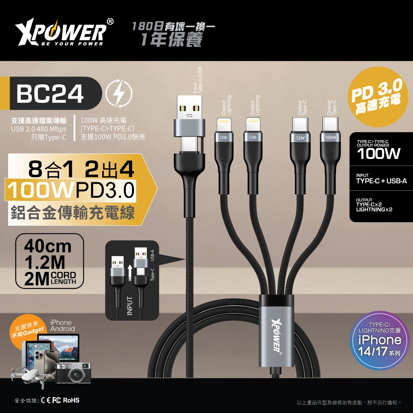 香港XPower BC24 1.2米 8合1 2出4 100W PD3.0 铝合金传输快速充电线数据线