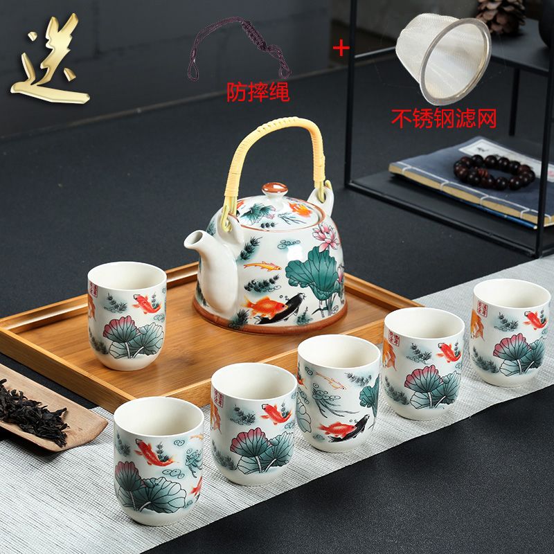 送礼提梁壶复古餐厅酒店大号陶瓷水壶家用茶壶瓷茶杯茶具套装简约