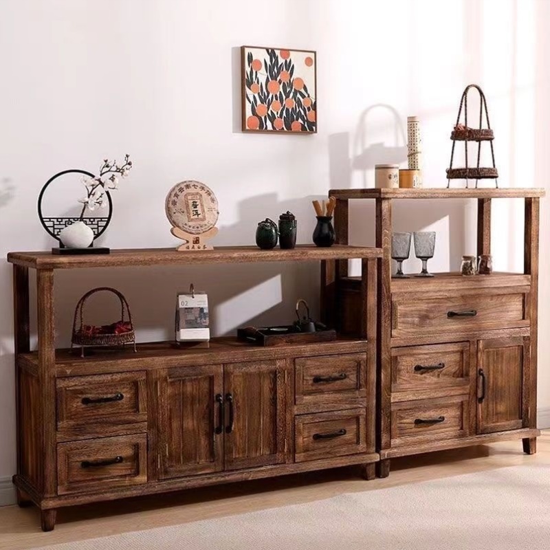 美式餐边柜实木茶水柜仿古储物柜复古柜子客厅玄关柜子置物架落地