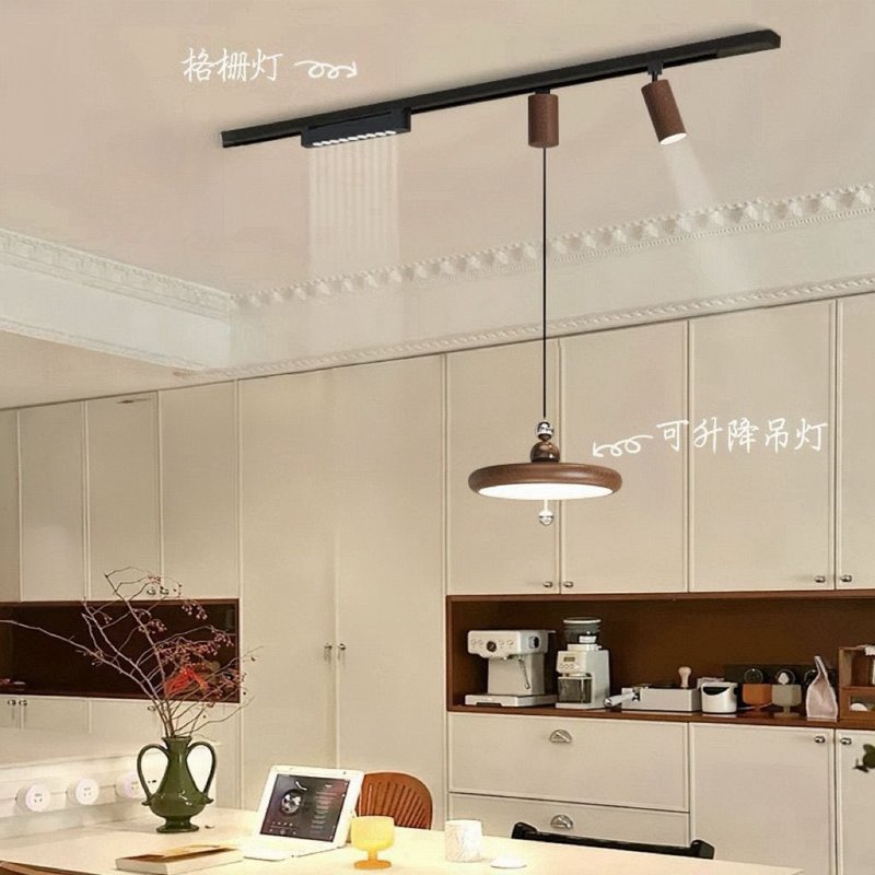 新款中古风餐厅吊灯明装可移动轨道奶油风现代简约饭厅升降悬停灯