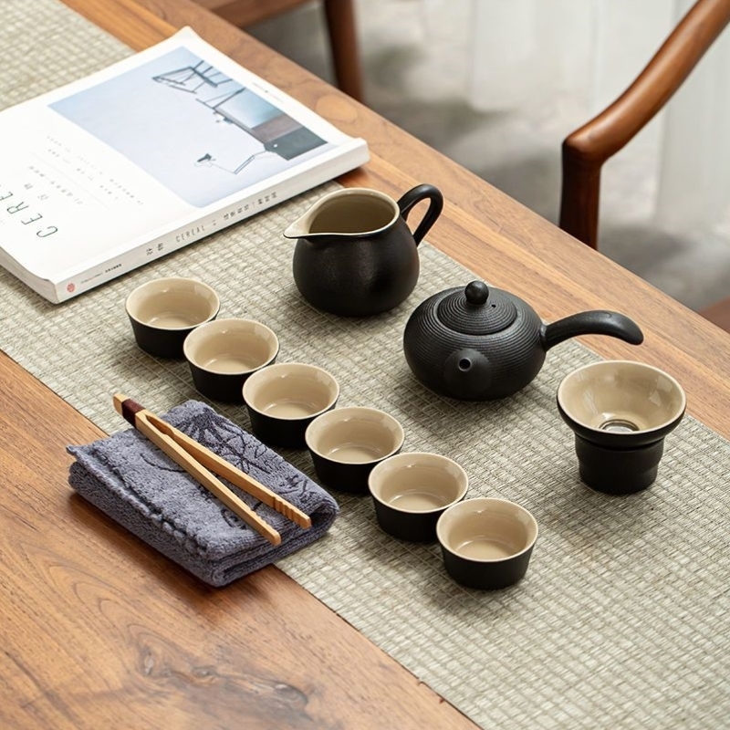 黑陶提梁茶壶茶杯功夫茶具套装家用日式简约现代一壶六杯托盘茶盘