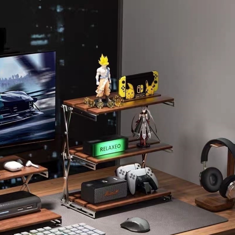 桌面置物架游戏机手柄收纳盒支架ps5主机托架咖啡实木架子