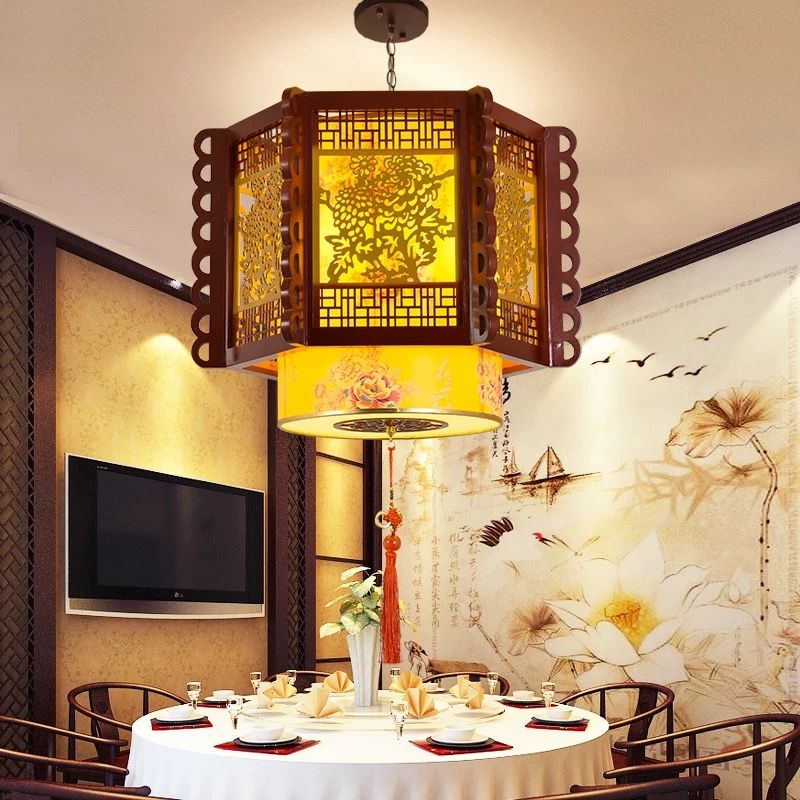 中式仿古实木羊皮吊灯中国风饭店茶楼餐厅包厢古典复古餐饮LED灯