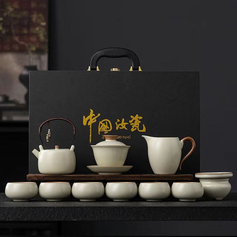 汝窑功夫茶具套装带礼盒装家用整套开片可养陶瓷茶具礼品定做LOGO