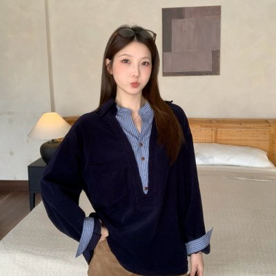 实拍 大码秋冬新款韩系高智感灯芯绒拼接条纹假两件衬衫百搭上衣