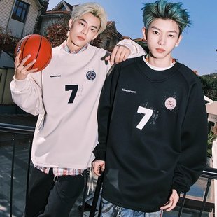 华棉复合350克刺绣美式 脏球服卫衣潮牌慵懒风男女圆领做旧外套