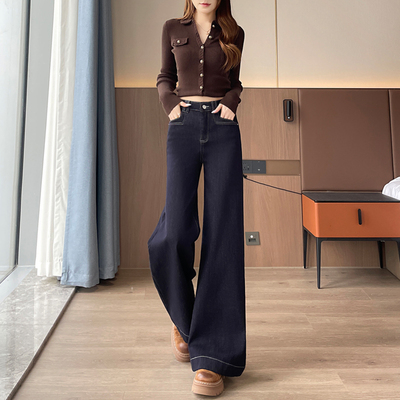 实拍阔腿牛仔裤女春秋冬季加绒2025年新款显瘦宽松设计感微喇裤子