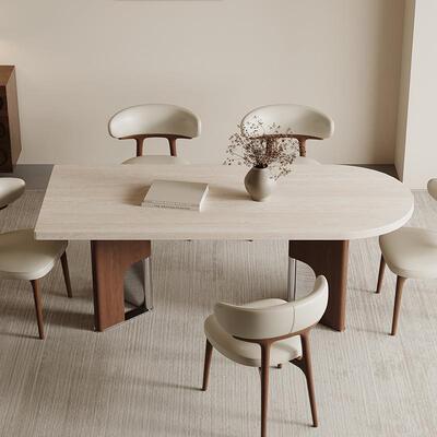 法靠式中小古风半圆餐岛桌高端复YRZ古台户型墙岛台哑光洞石岩板