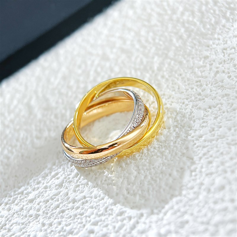 高版本V金cnc精雕三色三环戒指环环相扣镶满钻指环欧美情侣对戒