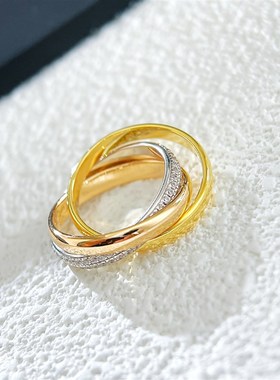 高版本V金cnc精雕三色三环戒指环环相扣镶满钻指环欧美情侣对戒