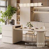 法式 奶油风岛台餐桌一体家用岩板半圆中岛台可伸缩小户型轻奢