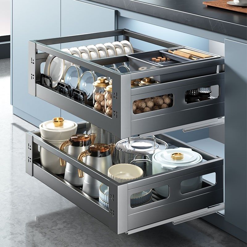 家用拉篮厨房橱柜304不锈钢双层抽屉式碗架收纳碟架橱柜碗篮置物