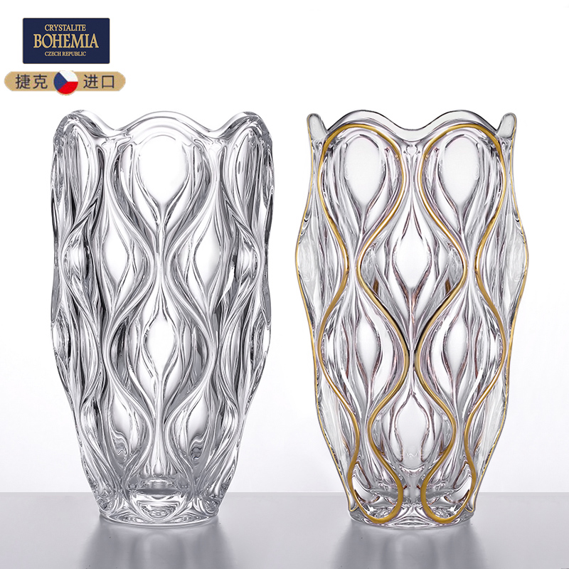 捷克进口BOHEMIA水晶玻璃花瓶 富贵竹描金插花花器家用台面摆件