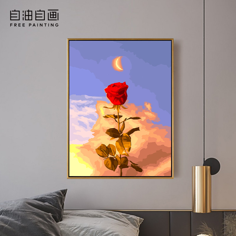 自油自画diy数字油画 卧室植物花卉手工手绘装饰彩油画月光与玫瑰