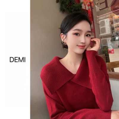 MISS RUILI 定制 韩系翻领设计感百搭时尚减龄宽松毛衣F1503
