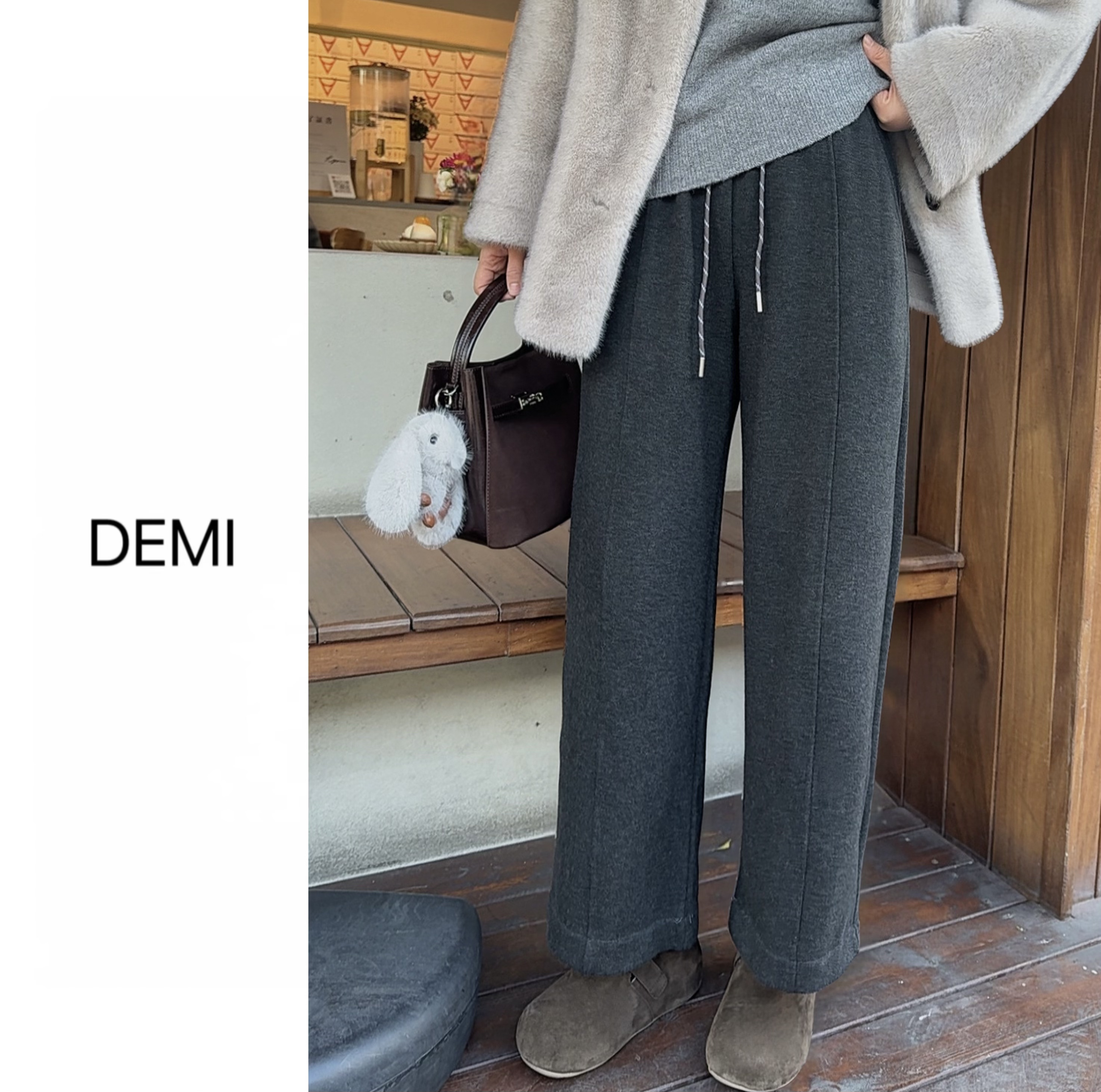 MISS RUILI 定制 冬季慵懒风高腰抽绳阔腿加绒休闲宽松长裤F1387