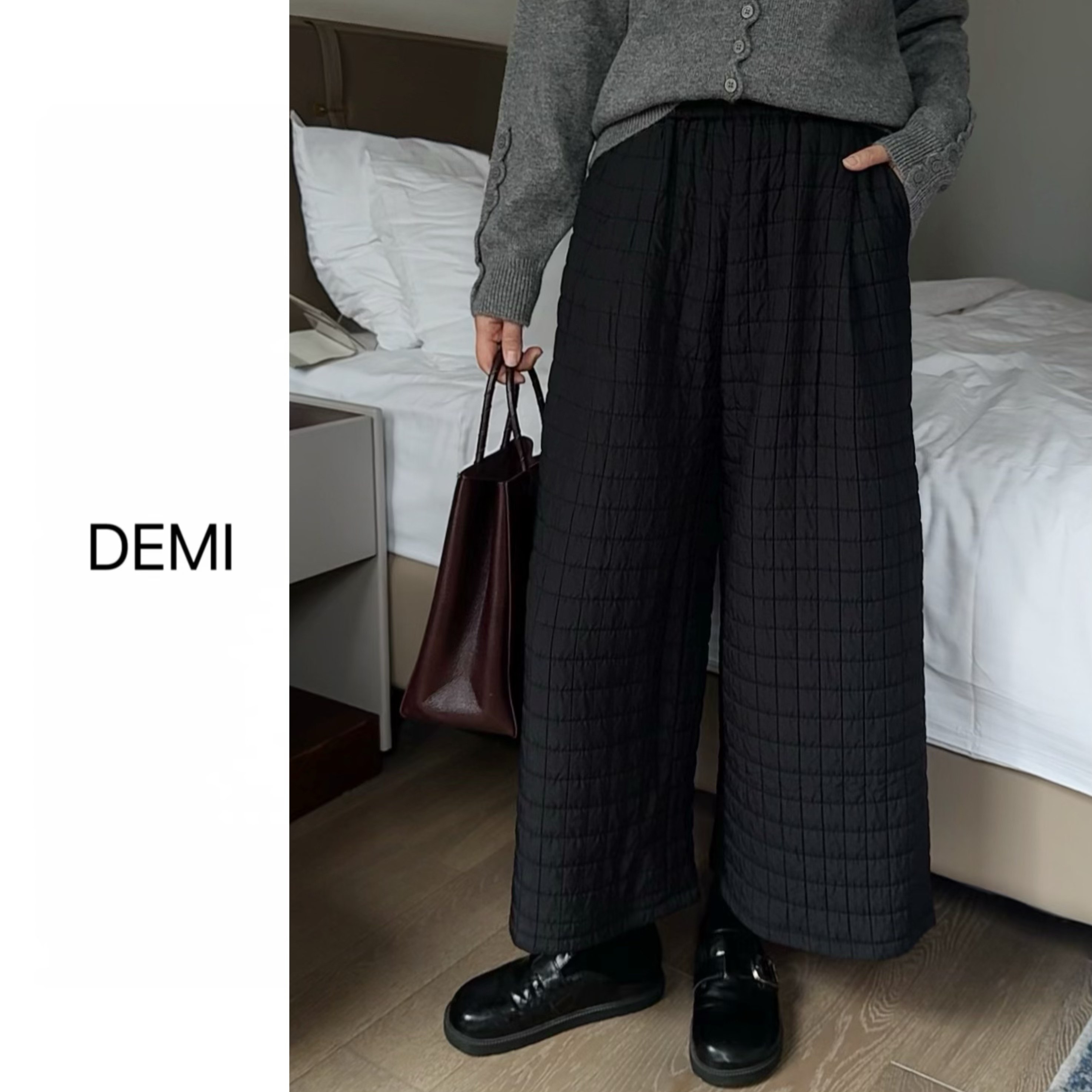 MISS RUILI 定制 秋冬新款极简松紧腰压纹加厚阔腿裤F1330