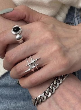 甜酷星芒戒指女复古时尚s几何椭圆黑色锆石微镶开口指环百搭食指