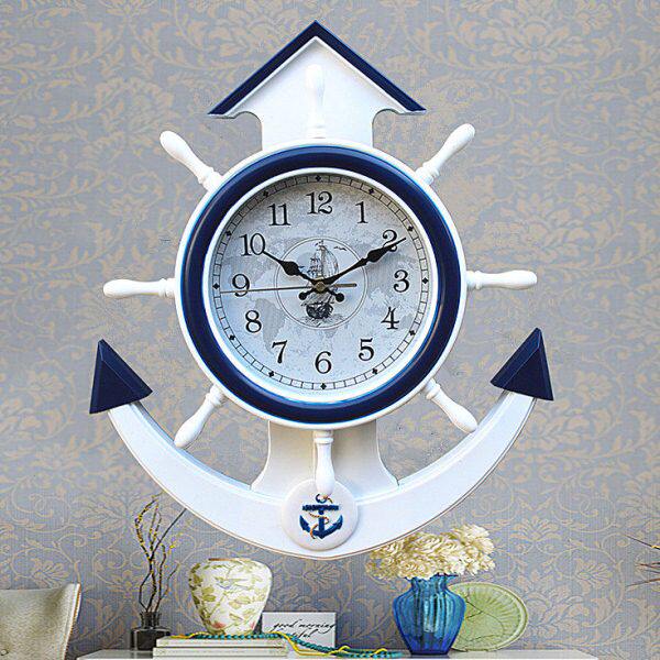 地中海船锚舵手挂钟创意海洋时钟客厅卧室家居壁饰挂件钟表石英钟