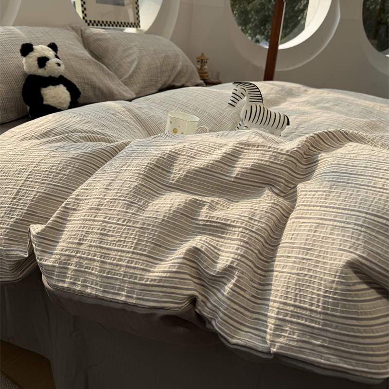 欧式简约灰色色织水洗棉提花床上四件套D全棉1.5m1.8米被套三件套