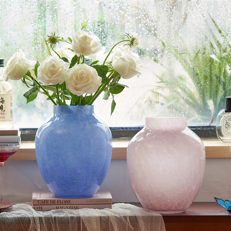 北欧粉色云雾琉璃花m瓶轻奢高级感家居装饰摆件大肚水培玻璃鲜花