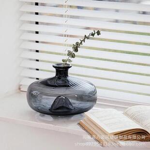 i瓶ns器花瓶风枝花玻璃花摆件水养鲜花大肚子圆形扁客厅一插花花