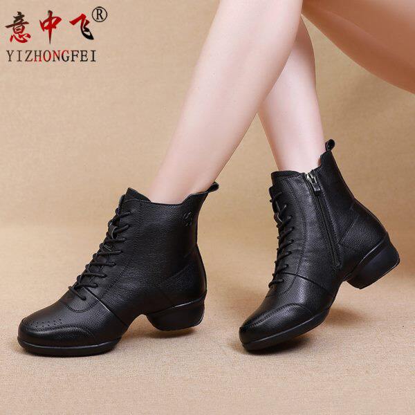 意中飞广场舞女鞋秋冬新款舞蹈鞋真皮爵士四季水兵软底现代跳舞鞋